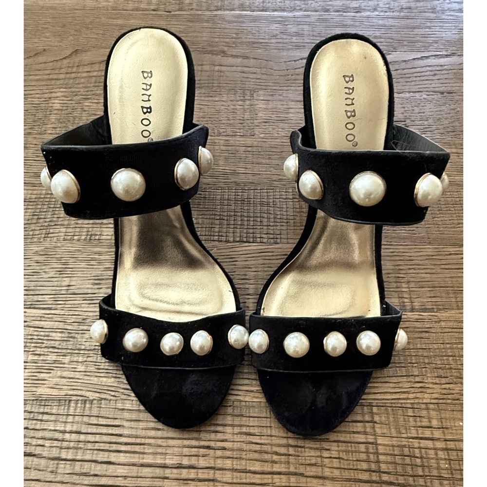 Bamboo Black Pearl-Embellished Chunky Heels Women's 8.5 EUC Acrylic 4" Heel